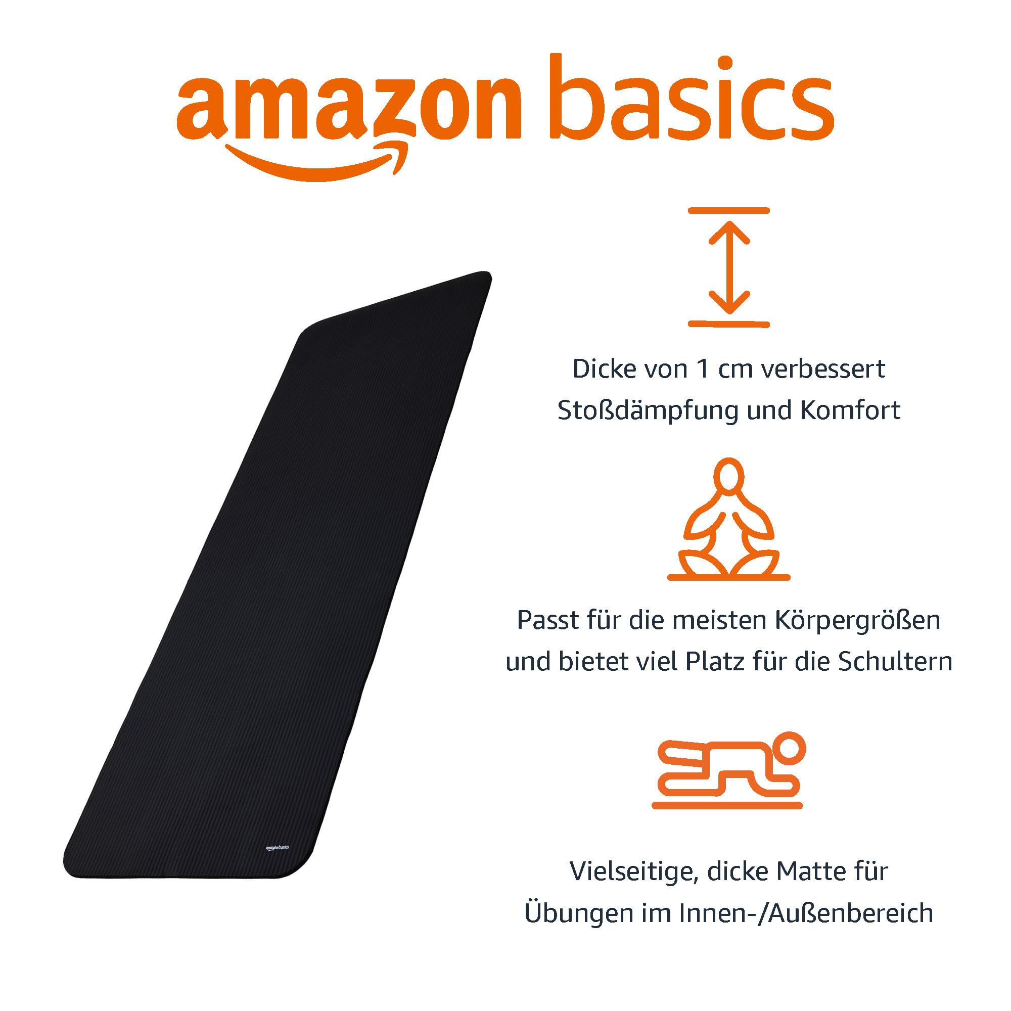 Amazon Basics Yogamatte, rutschfest, extra dick, Pilates-Gymnastikmatte, 183 x 61 x 1 cm, Schwarz
