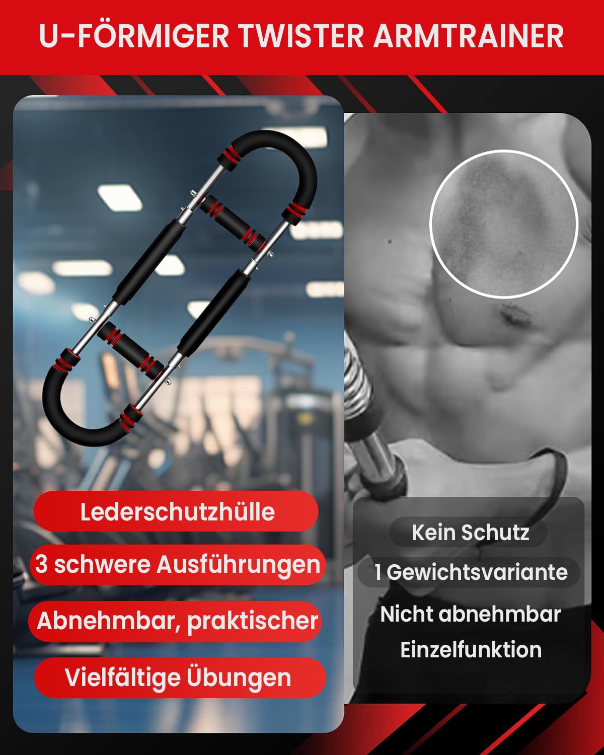 Twister Armtrainer – Verstellbares Brust Trainingsgerät (30-50 kg / 70-110 lb), Portable Power Twister Stange mit abnehmbarem Design – Fitnessübungen überall