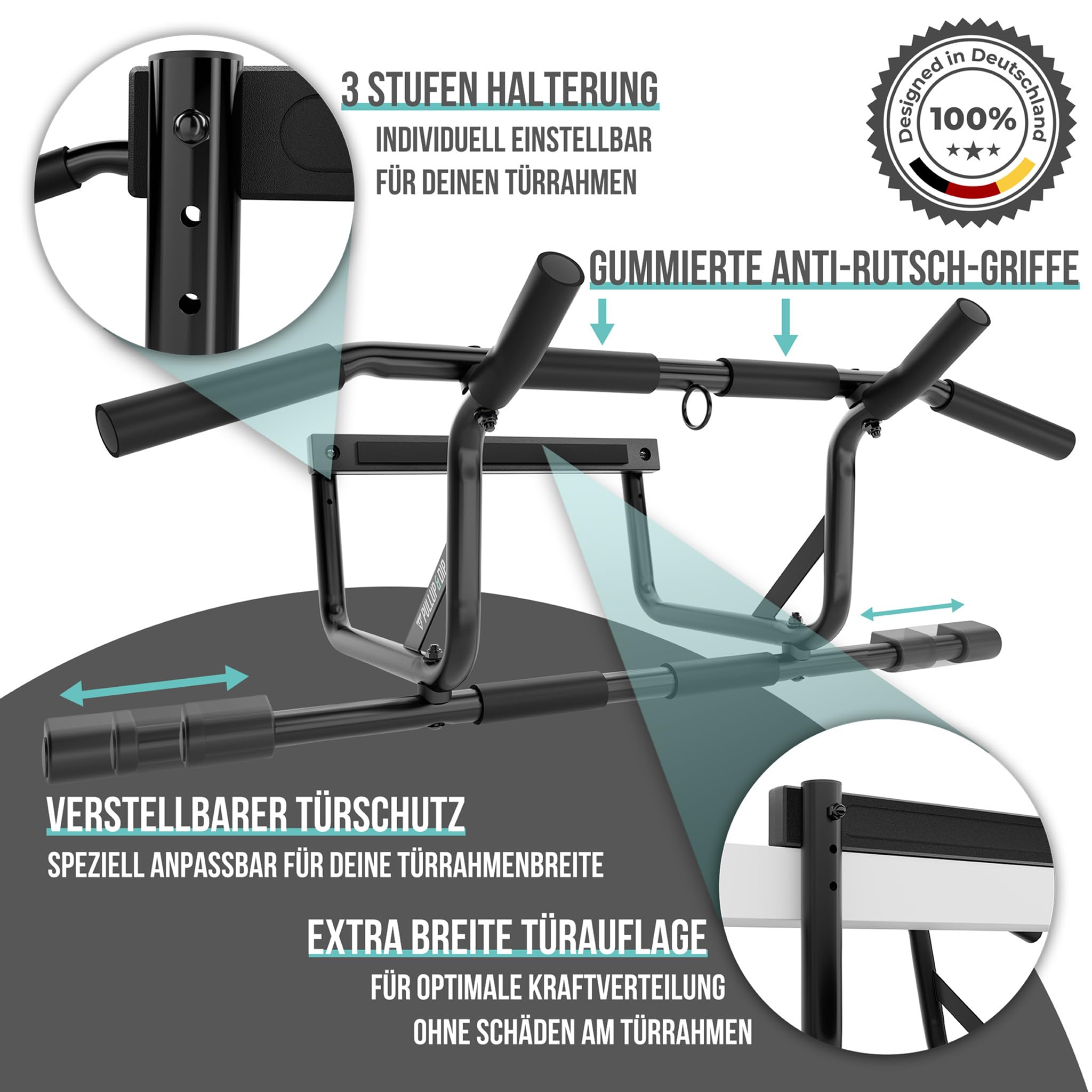 PULLUP & DIP Klimmzugstange für Türrahmen zum Einhängen ohne Schrauben und kein Abrutschen, Profi Türreck, Pull-up Bar mit gepolsterten Griffen inkl. Klimmzug Band + eBook