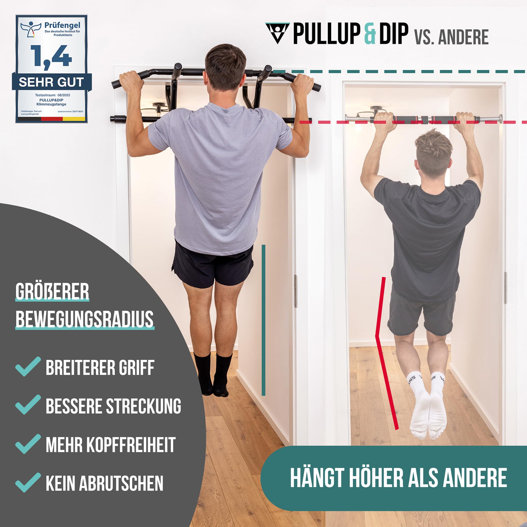 PULLUP & DIP Klimmzugstange für Türrahmen zum Einhängen ohne Schrauben und kein Abrutschen, Profi Türreck, Pull-up Bar mit gepolsterten Griffen inkl. Klimmzug Band + eBook