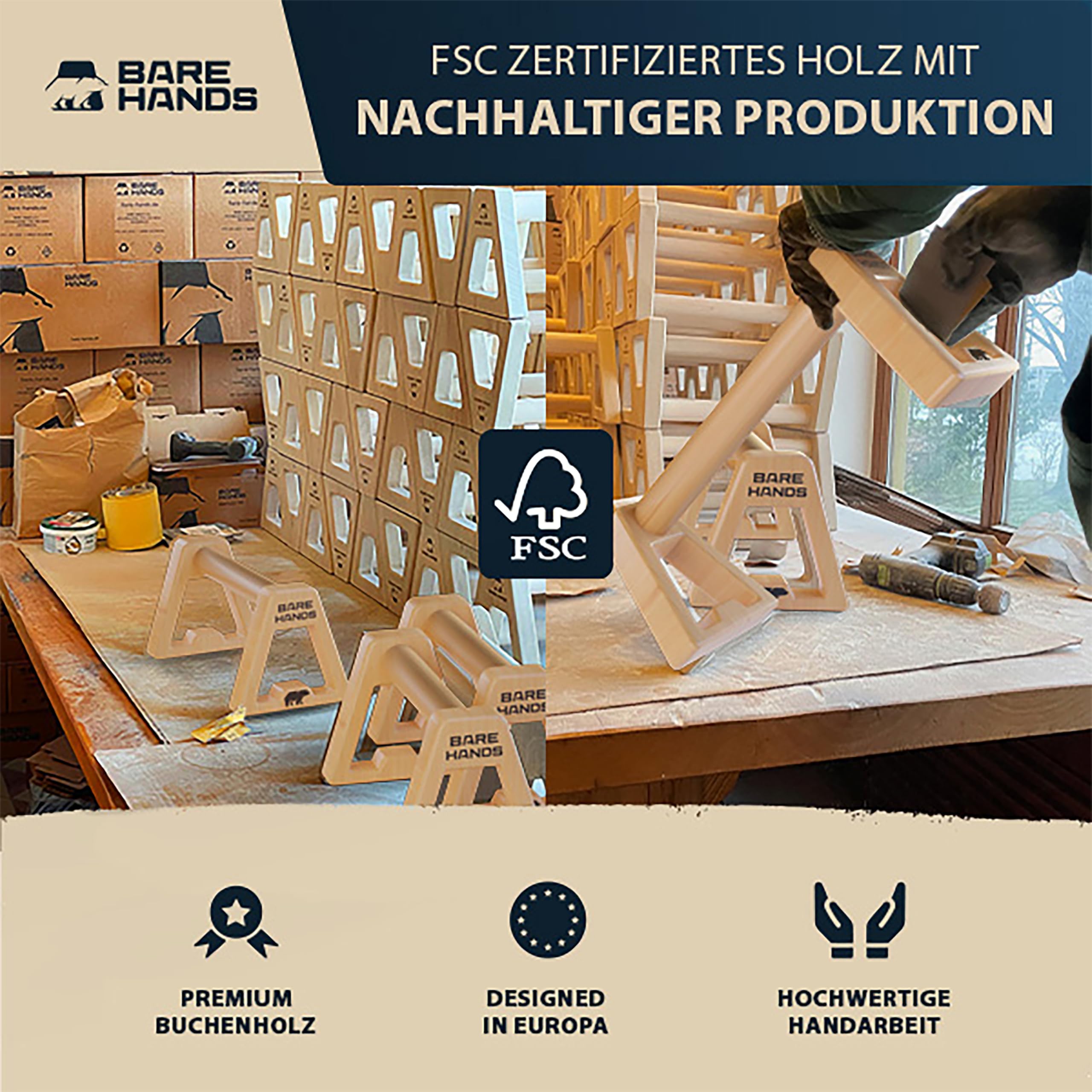 BARE HANDS Liegestzützgriffe – 2x gelenksschonende & rutschfeste Holz Liegestützgriffe | exzellentes Calisthenics Equipment | Indoor & Outdoor | Ideal für Handstand & Liegestütze | extra lang