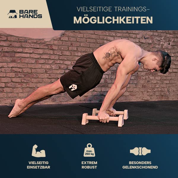 BARE HANDS Liegestzützgriffe – 2x gelenksschonende & rutschfeste Holz Liegestützgriffe | exzellentes Calisthenics Equipment | Indoor & Outdoor | Ideal für Handstand & Liegestütze | extra lang