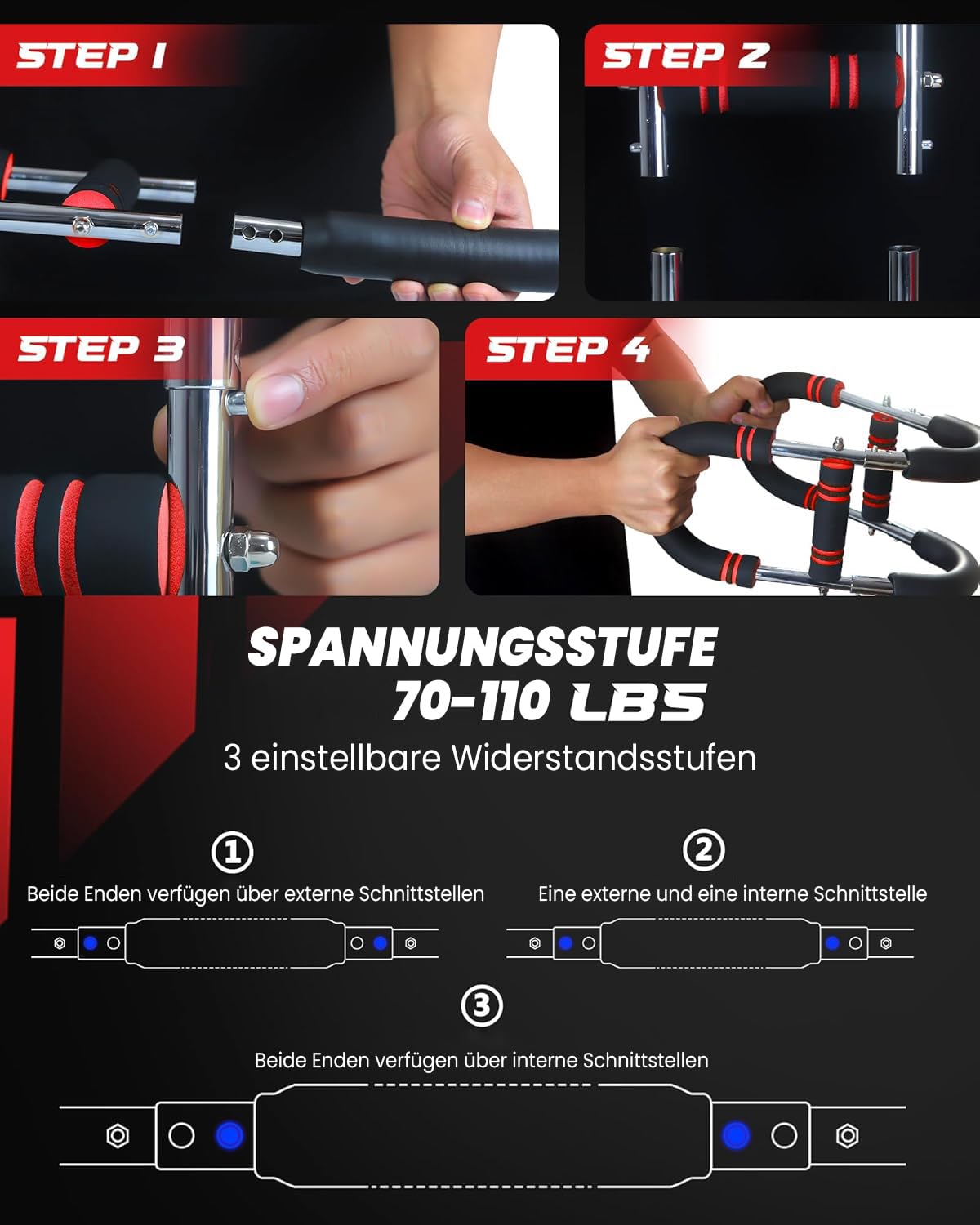 Twister Armtrainer – Verstellbares Brust Trainingsgerät (30-50 kg / 70-110 lb), Portable Power Twister Stange mit abnehmbarem Design – Fitnessübungen überall
