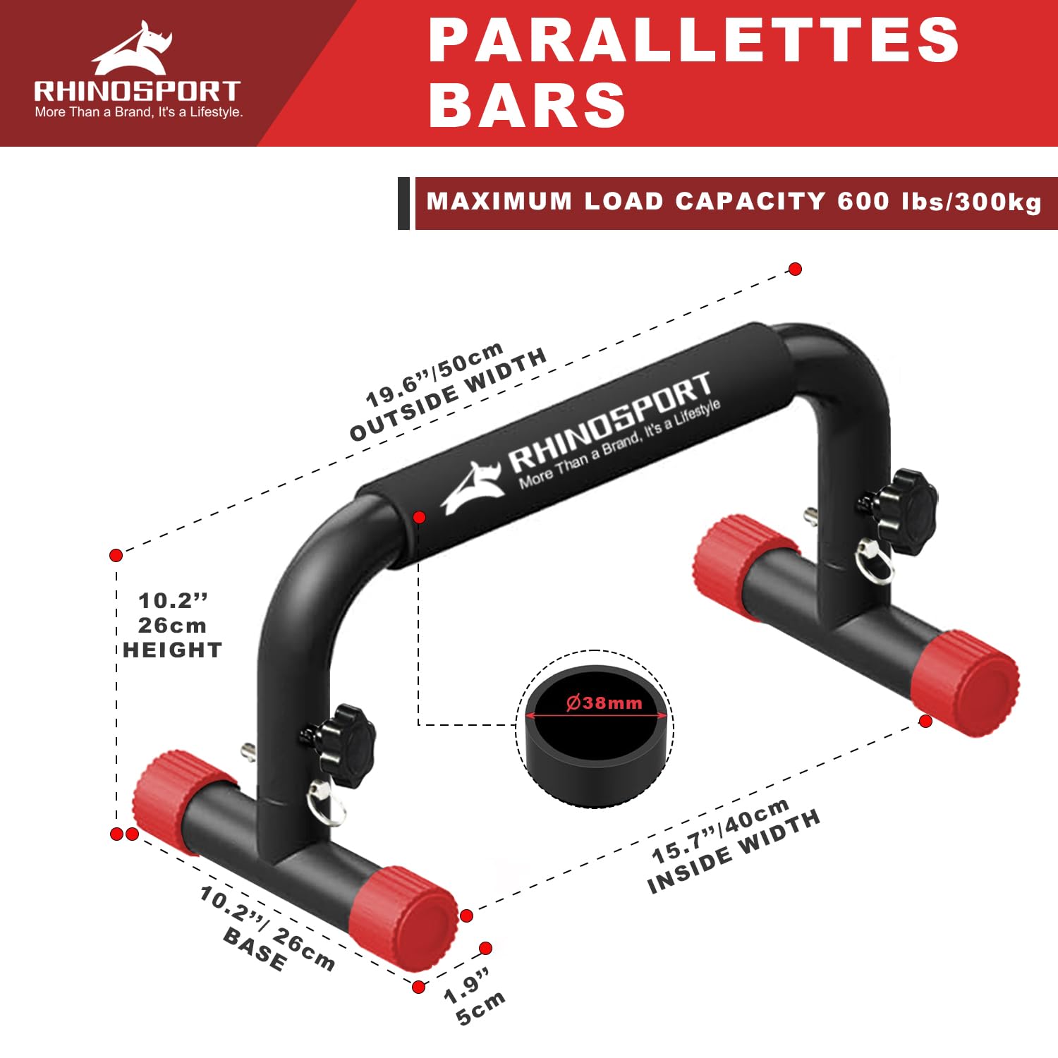 RHINOSPORT Parallettes Bars Dip Calisthenics Push Up Bars 10.2 in High 300Kg/661lbs Gewichtskapazität Krafttraining Home Gym Workouts Calisthenics Ausrüstung [19.6x10.2x10.2 in] Rot