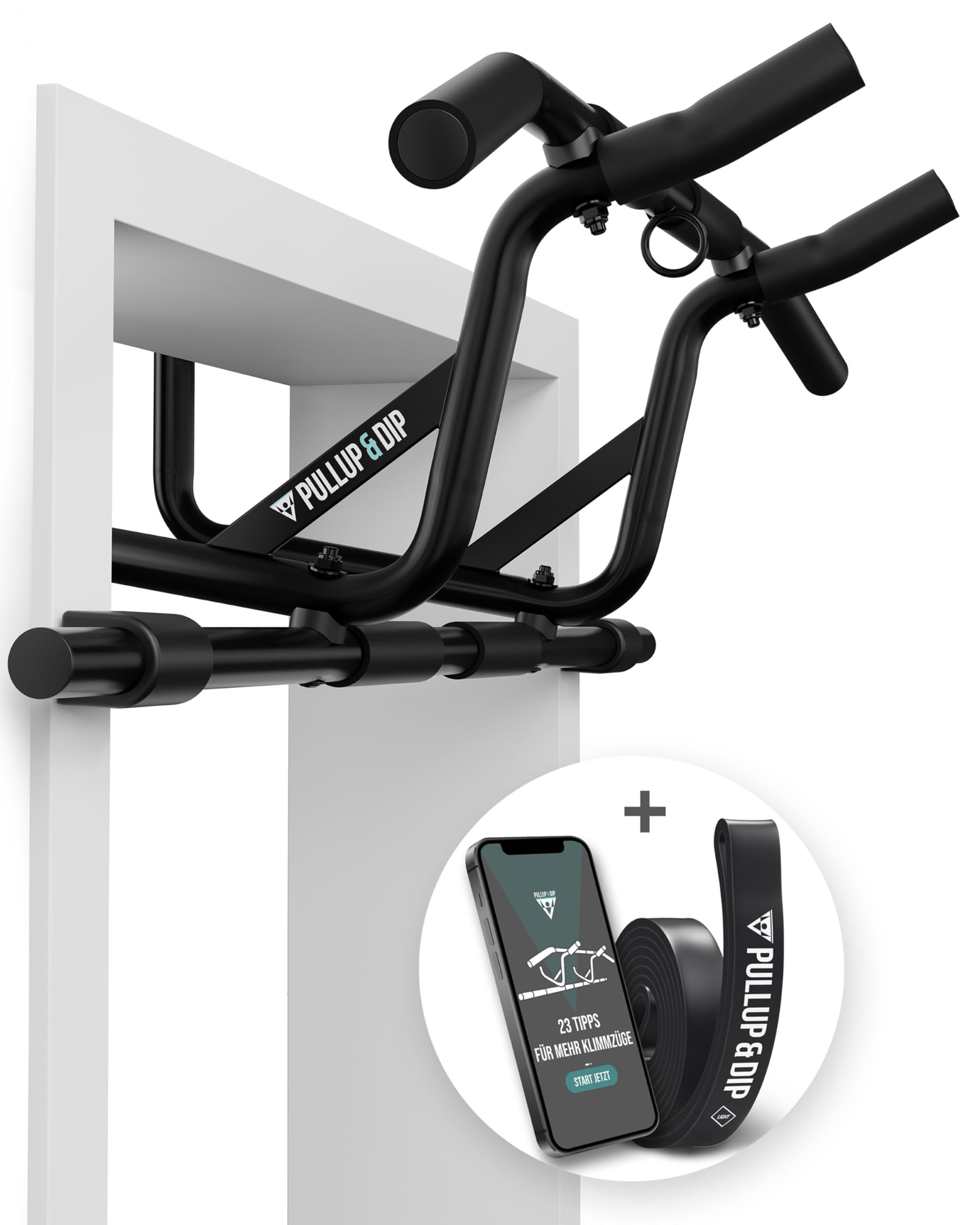 PULLUP & DIP Klimmzugstange für Türrahmen zum Einhängen ohne Schrauben und kein Abrutschen, Profi Türreck, Pull-up Bar mit gepolsterten Griffen inkl. Klimmzug Band + eBook