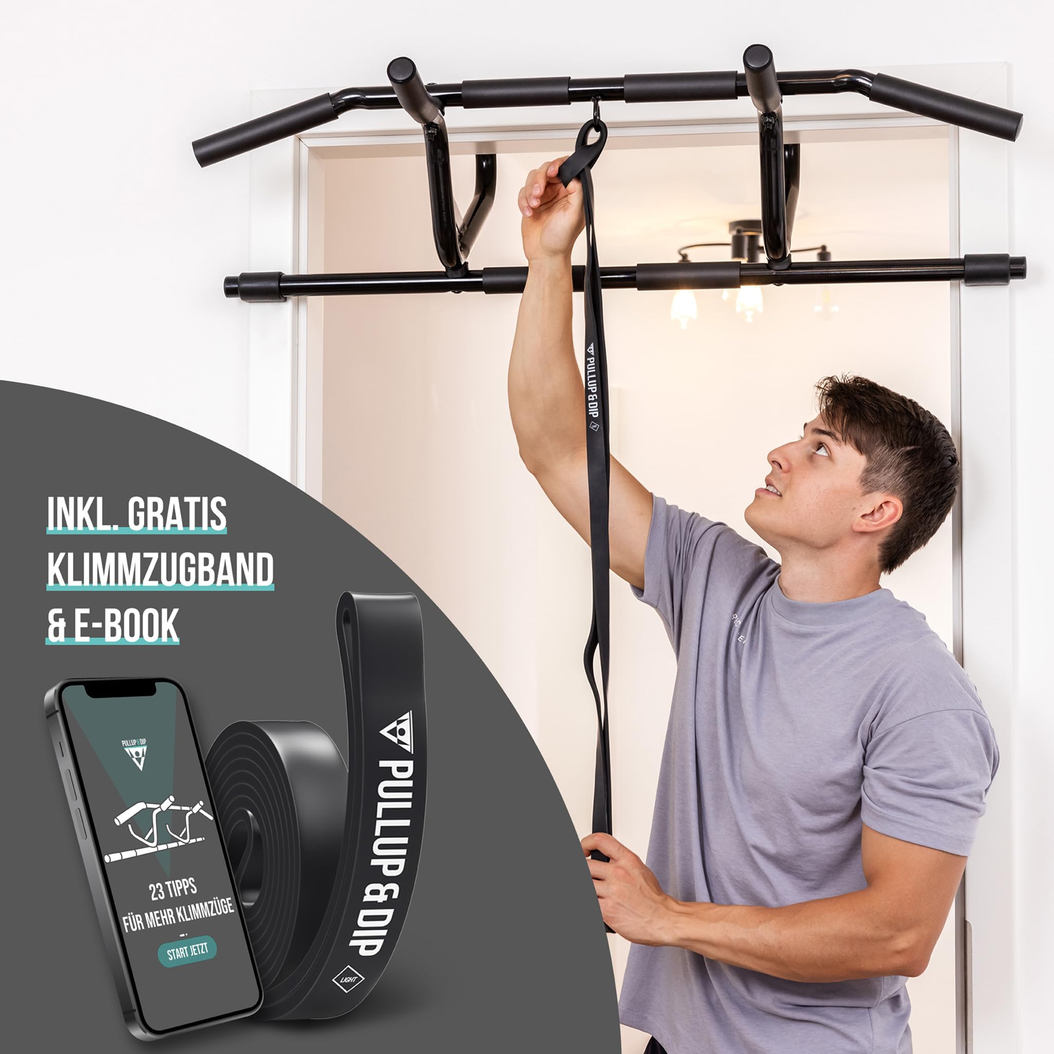 PULLUP & DIP Klimmzugstange für Türrahmen zum Einhängen ohne Schrauben und kein Abrutschen, Profi Türreck, Pull-up Bar mit gepolsterten Griffen inkl. Klimmzug Band + eBook