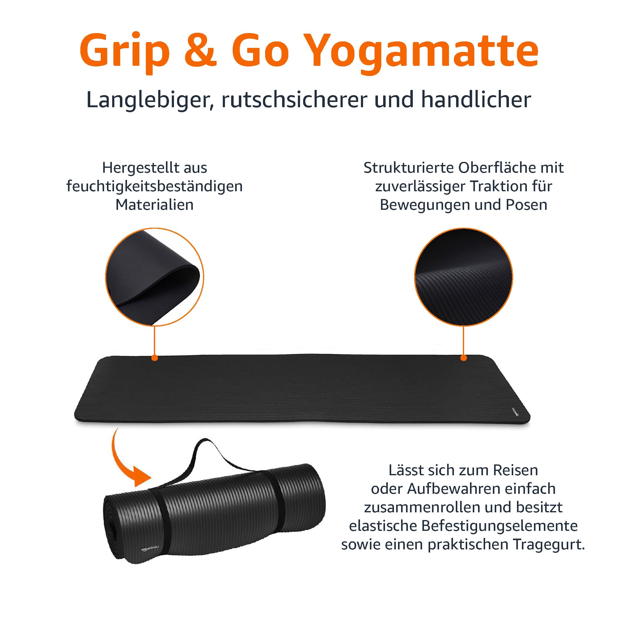 Amazon Basics Yogamatte, rutschfest, extra dick, Pilates-Gymnastikmatte, 183 x 61 x 1 cm, Schwarz
