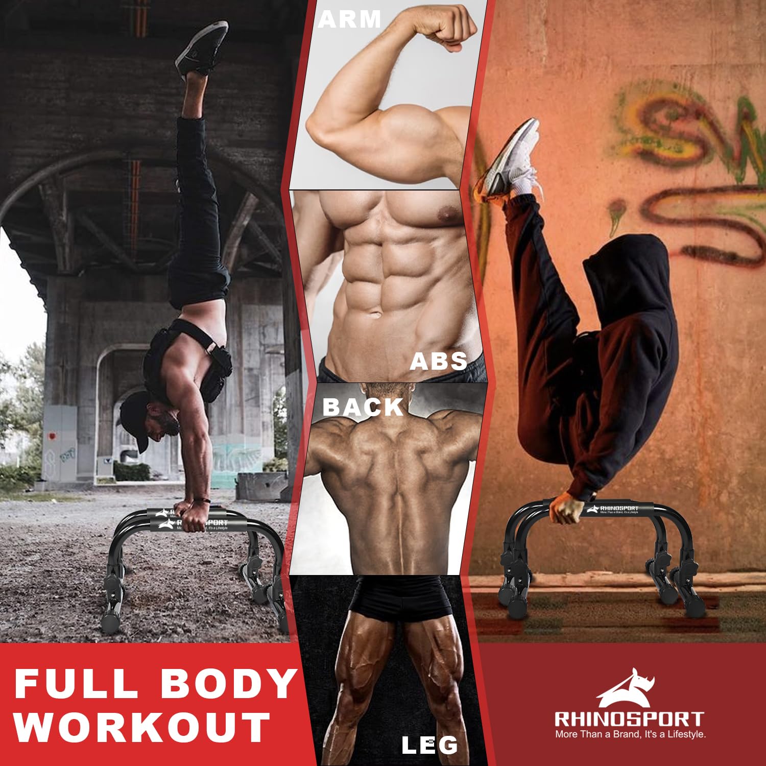 RHINOSPORT Parallettes Bars Dip Calisthenics Push Up Bars 10.2 in High 300Kg/661lbs Gewichtskapazität Krafttraining Home Gym Workouts Calisthenics Ausrüstung [19.6x10.2x10.2 in] Rot