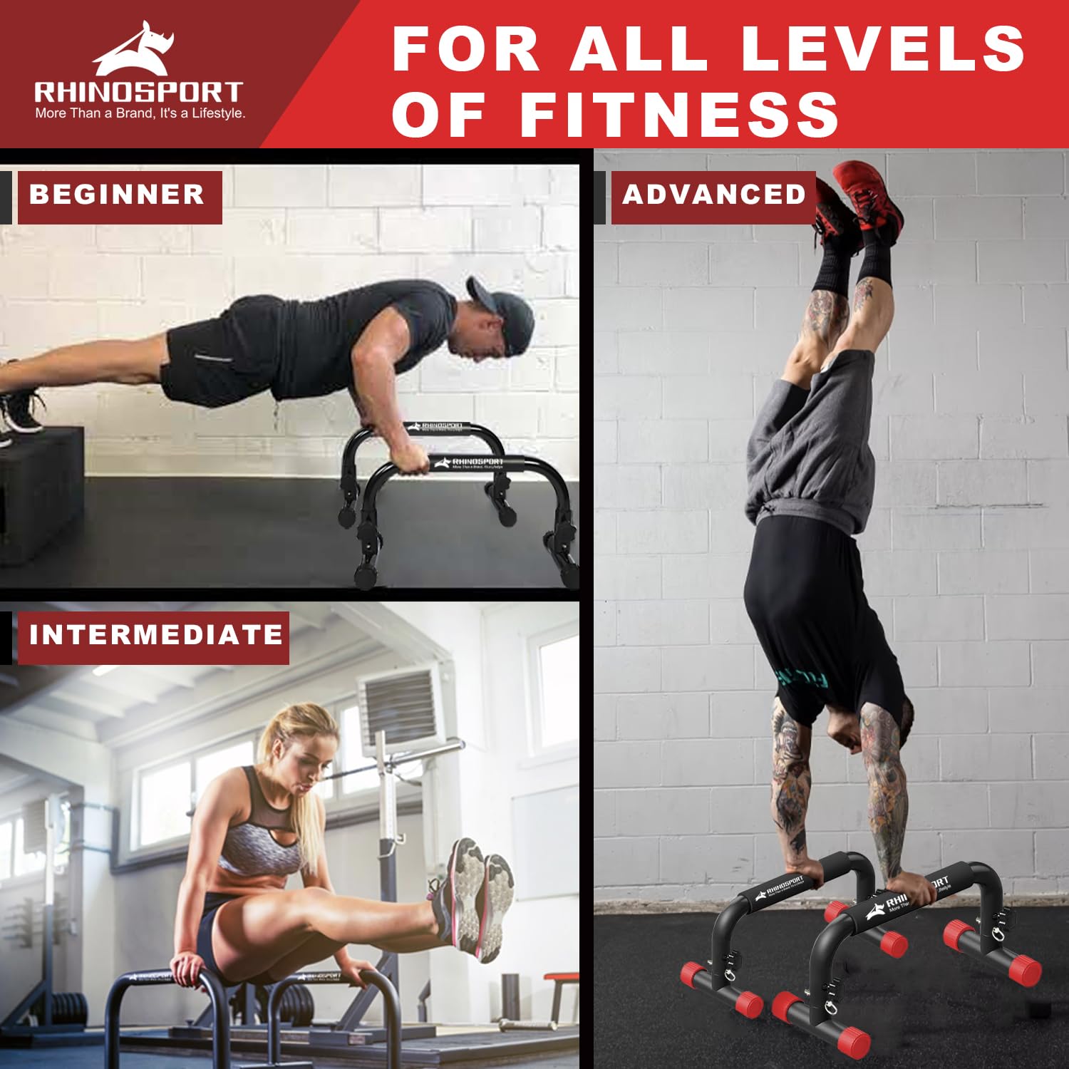 RHINOSPORT Parallettes Bars Dip Calisthenics Push Up Bars 10.2 in High 300Kg/661lbs Gewichtskapazität Krafttraining Home Gym Workouts Calisthenics Ausrüstung [19.6x10.2x10.2 in] Rot