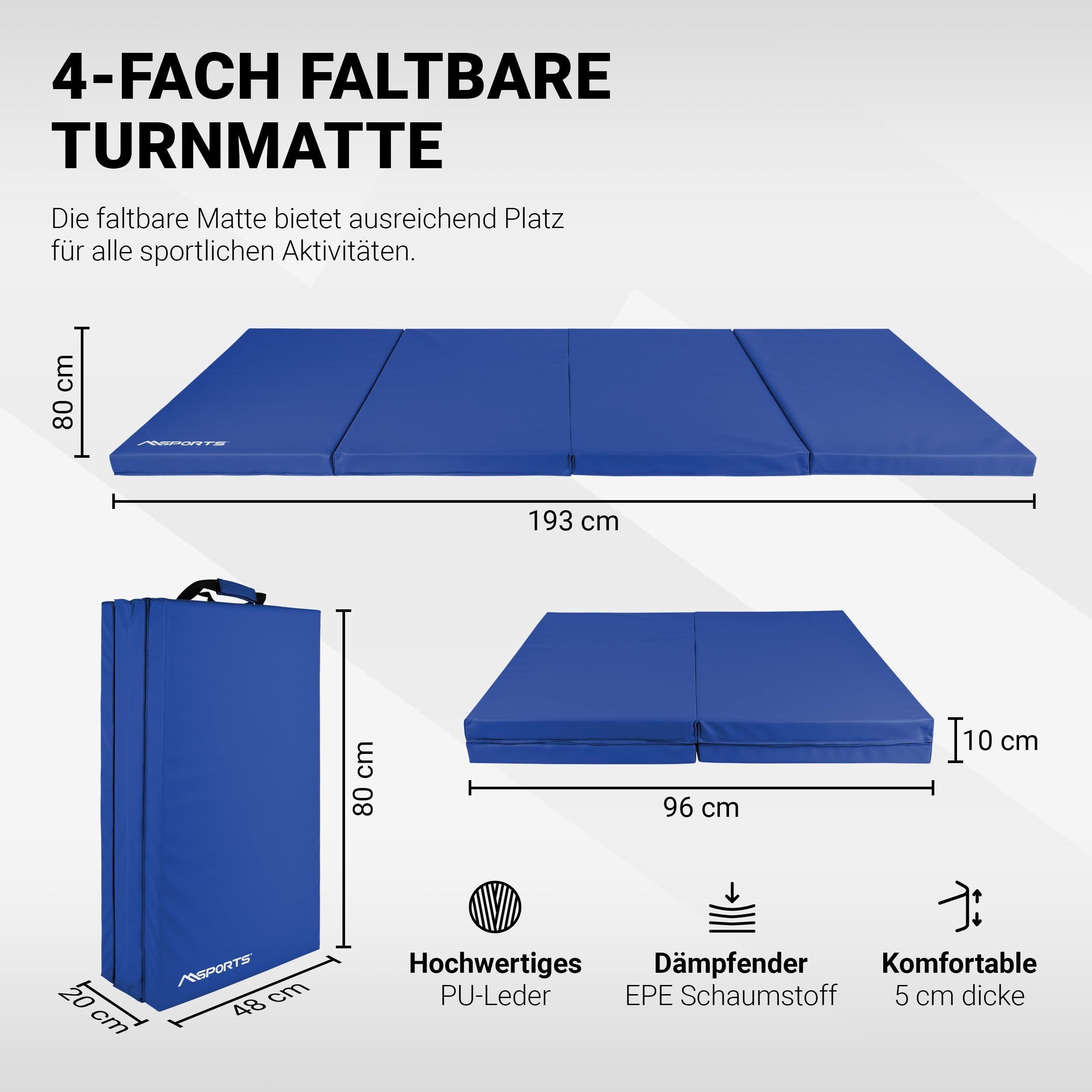 MSPORTS Turnmatte Premium klappbare Weichbodenmatte 190 x 80 x 5 cm Gymnastikmatte Sportmatte für zuhause Kinder Erwachsene (Blau, 190 x 80 x 5 cm)