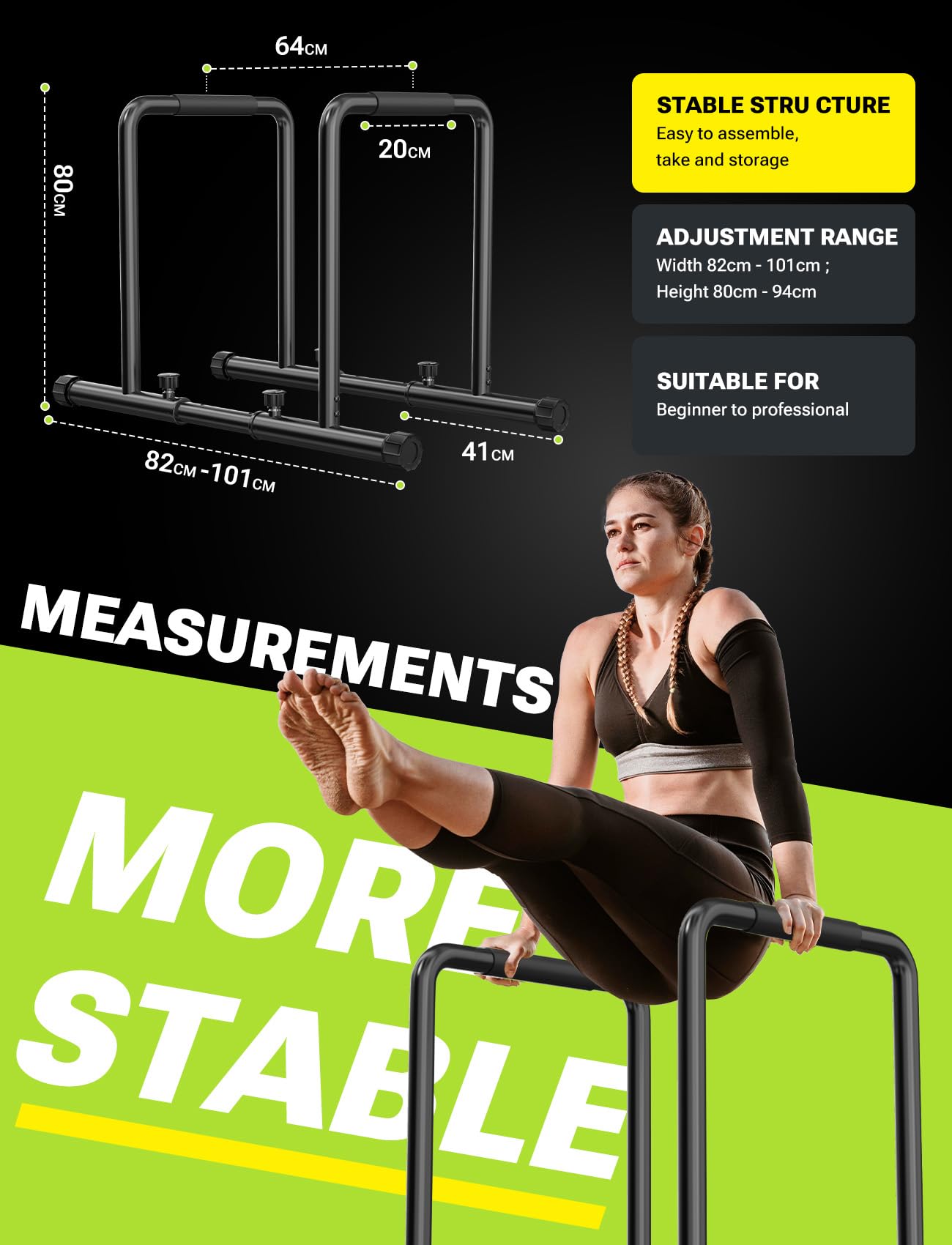 Yoleo Verstellbare Dip Barren – 500 kg Dip-Station, tragbar, funktional, Fitness-Bar mit Sicherheitsanschluss, robuster Dip-Ständer, Body-Presse, Paralleten-Übungs-Bar für Calisthenics