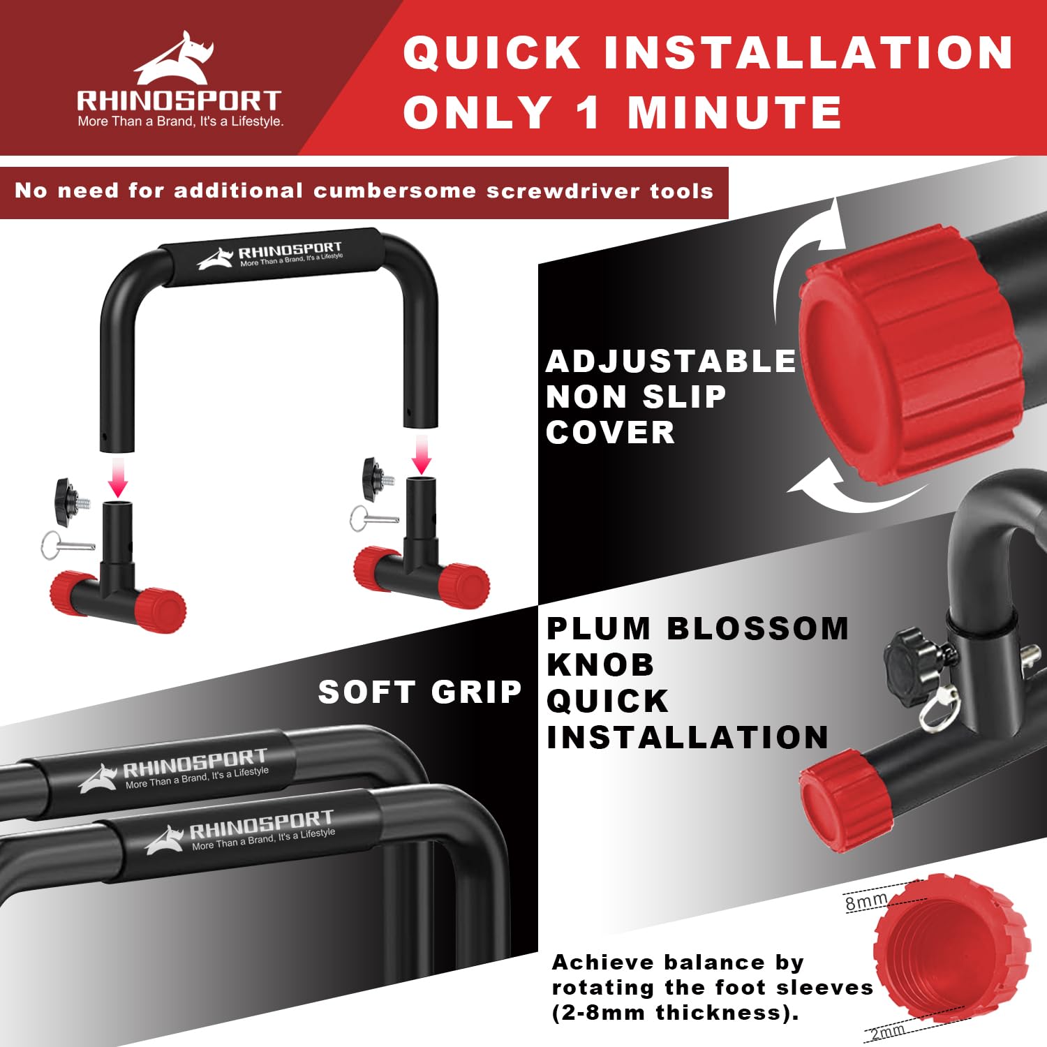RHINOSPORT Parallettes Bars Dip Calisthenics Push Up Bars 10.2 in High 300Kg/661lbs Gewichtskapazität Krafttraining Home Gym Workouts Calisthenics Ausrüstung [19.6x10.2x10.2 in] Rot