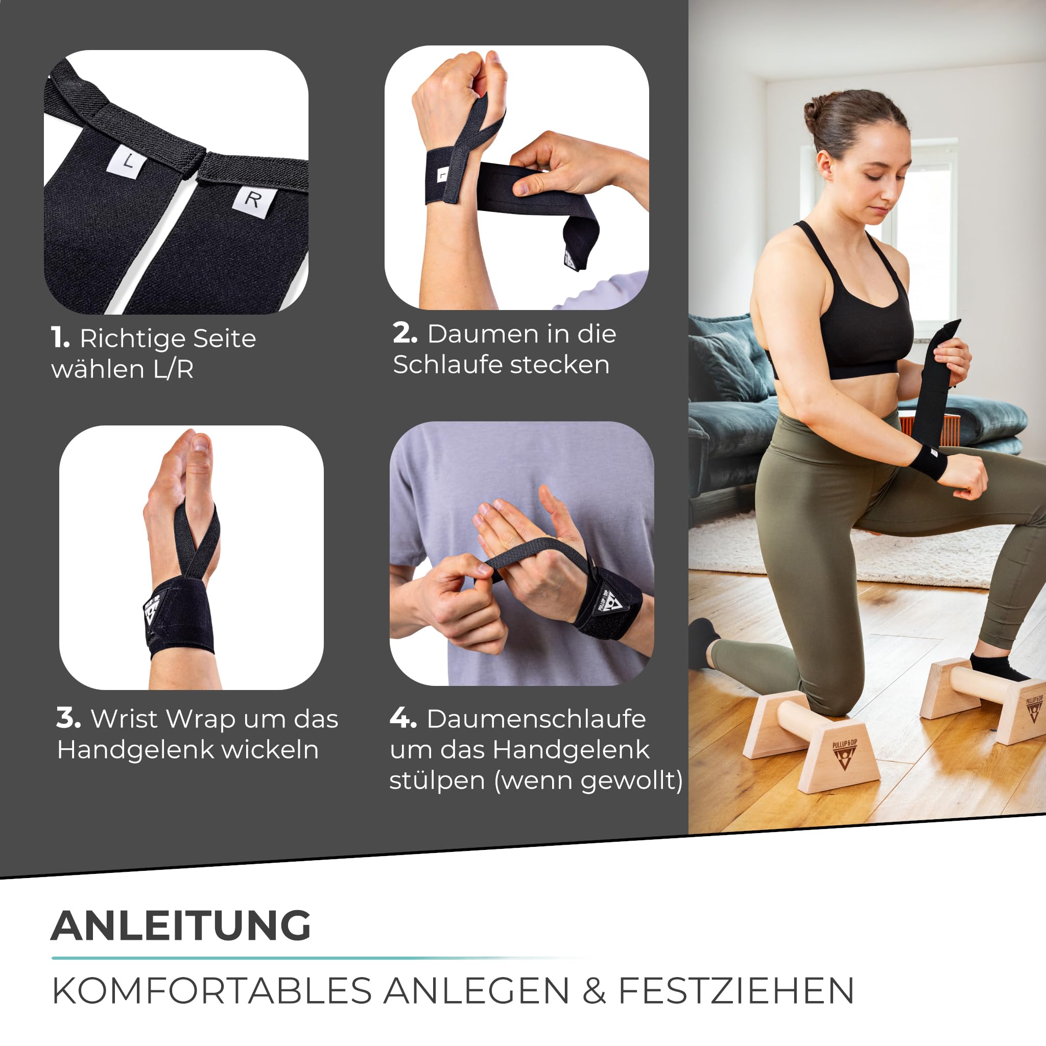 PULLUP & DIP Wrist Wraps Handgelenk Bandagen für Fitness, Calisthenics, Crossfit, Bodybuilding & Krafttraining, Profi Sportbandagen Stabilisierend & Schützend, (Pullup & Dip Branding)