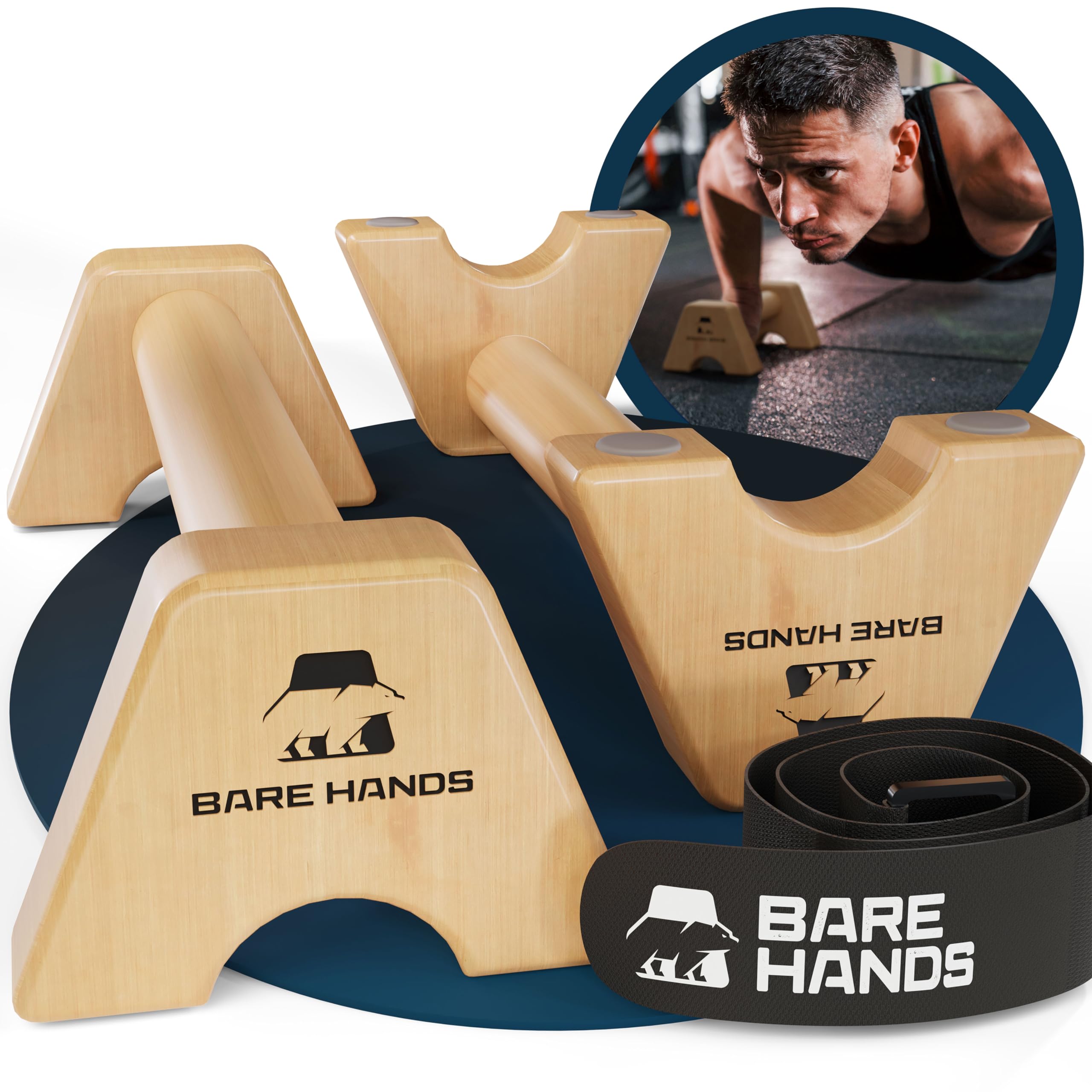 BARE HANDS Liegestzützgriffe – 2x gelenksschonende & rutschfeste Holz Liegestützgriffe | exzellentes Calisthenics Equipment | Indoor & Outdoor | Ideal für Handstand & Liegestütze | extra lang