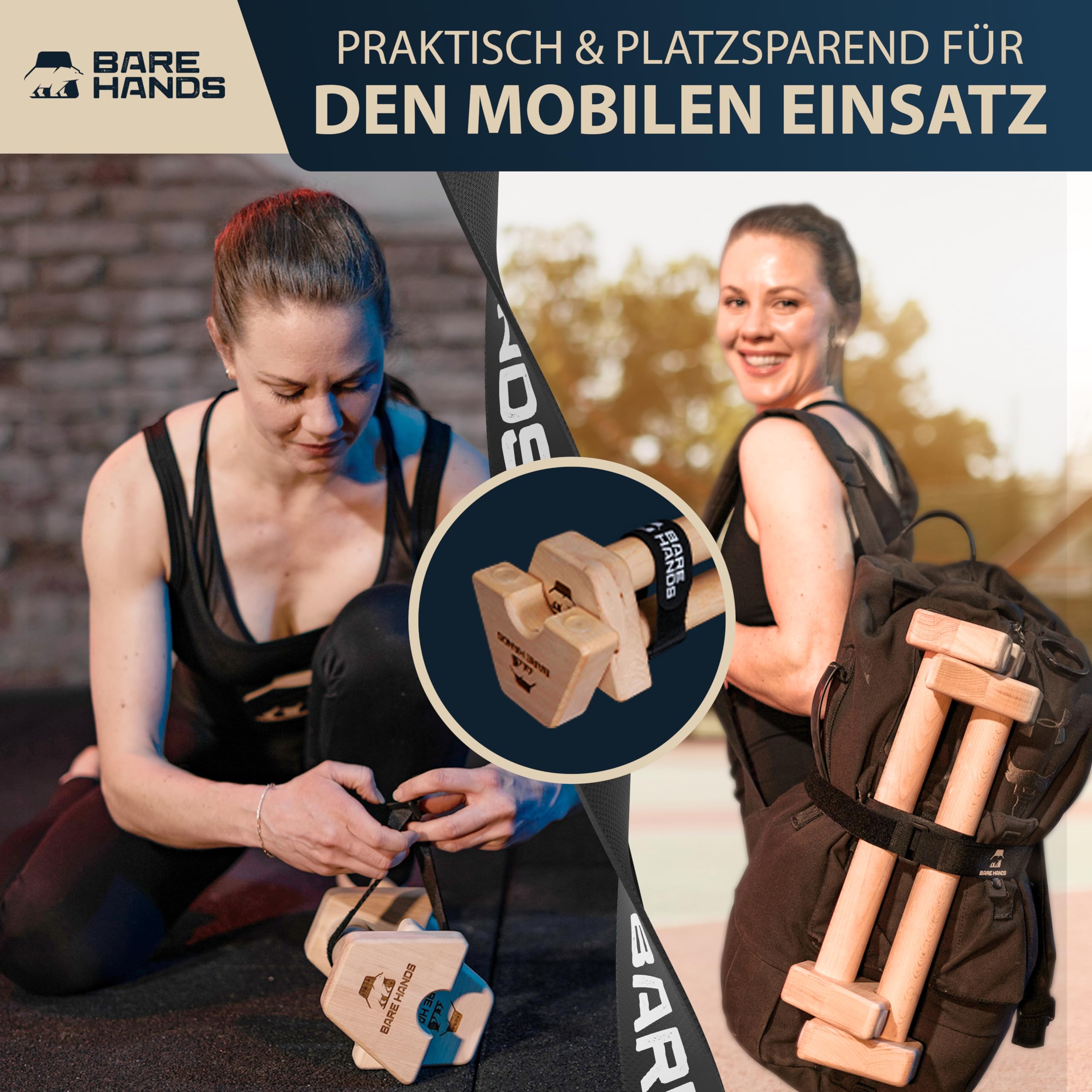 BARE HANDS Liegestzützgriffe – 2x gelenksschonende & rutschfeste Holz Liegestützgriffe | exzellentes Calisthenics Equipment | Indoor & Outdoor | Ideal für Handstand & Liegestütze | extra lang