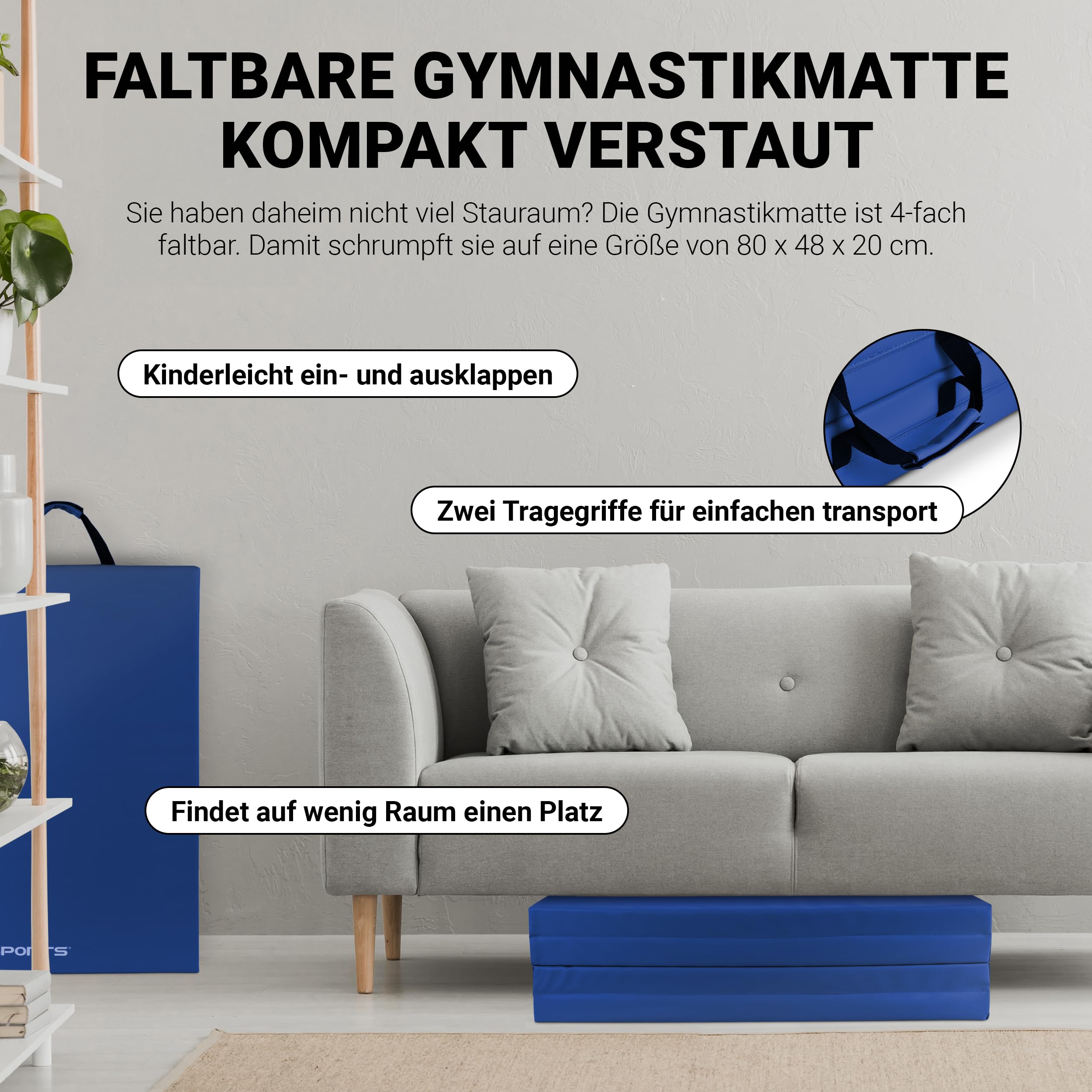 MSPORTS Turnmatte Premium klappbare Weichbodenmatte 190 x 80 x 5 cm Gymnastikmatte Sportmatte für zuhause Kinder Erwachsene (Blau, 190 x 80 x 5 cm)