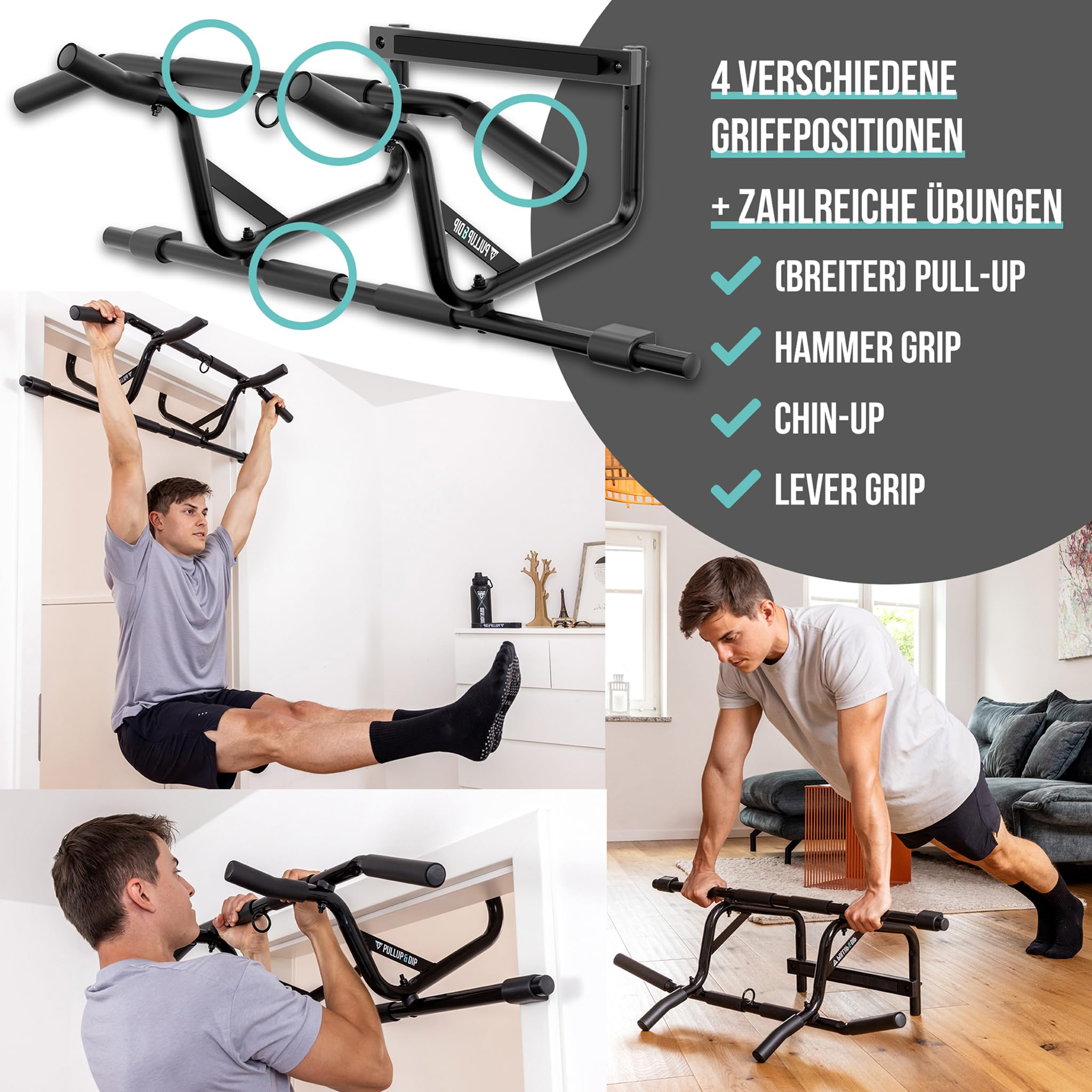 PULLUP & DIP Klimmzugstange für Türrahmen zum Einhängen ohne Schrauben und kein Abrutschen, Profi Türreck, Pull-up Bar mit gepolsterten Griffen inkl. Klimmzug Band + eBook