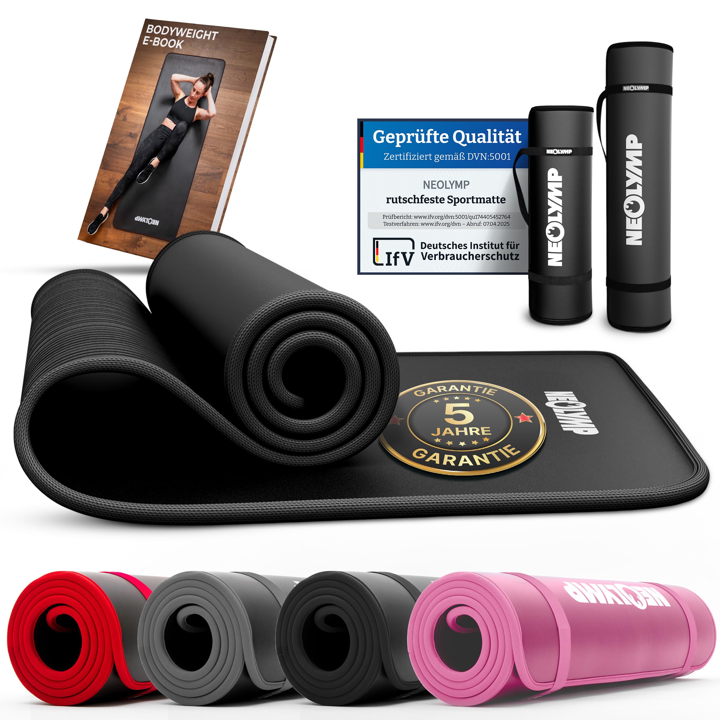 NEOLYMP extra dicke und rutschfeste Fitnessmatte mit Fitness E-Book und Tragegurt - Pilatesmatte, Yoga Matte, Sportmatte, Gymnastikmatte, Trainingsmatte (Anthrazit | 61 cm)