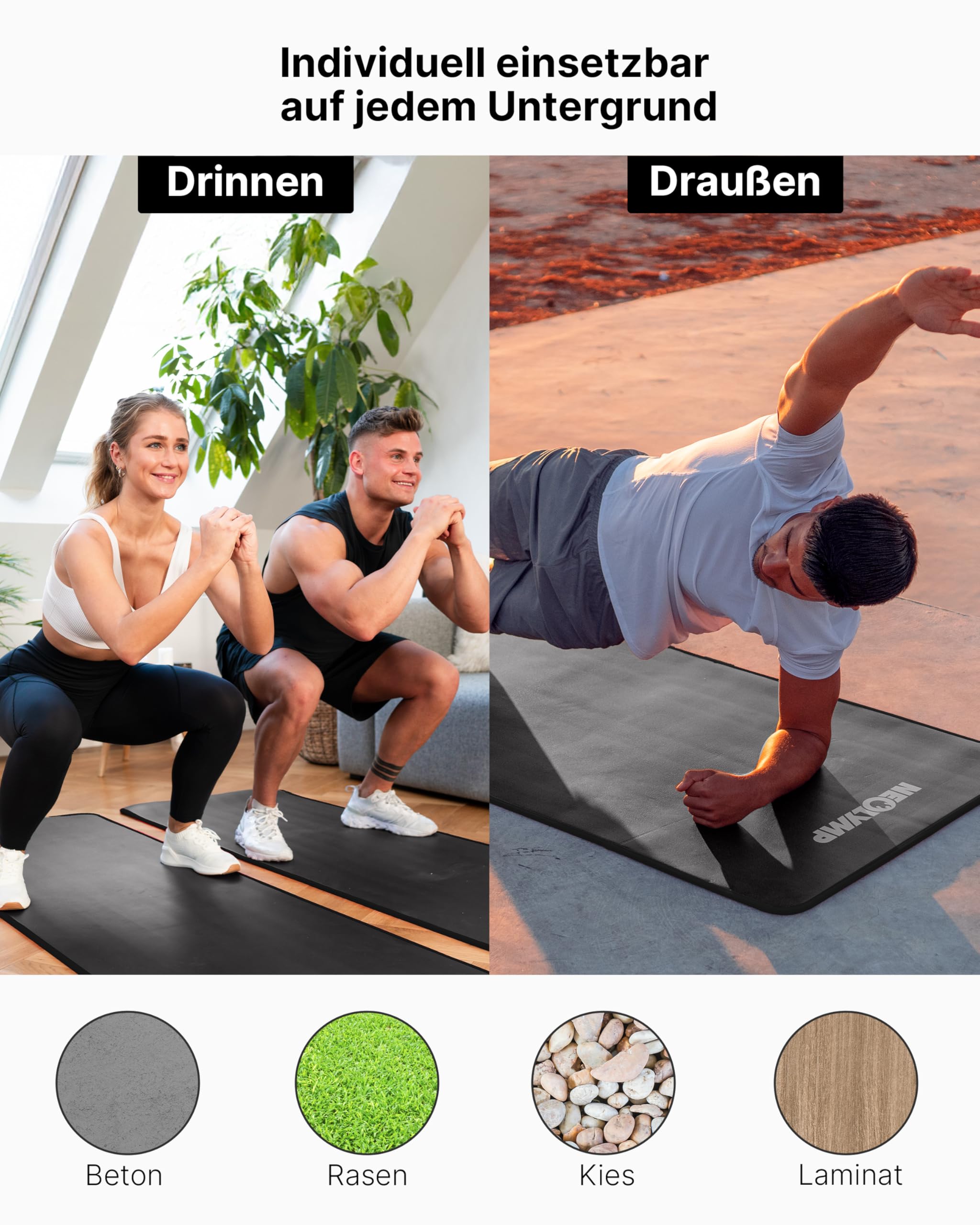 NEOLYMP extra dicke und rutschfeste Fitnessmatte mit Fitness E-Book und Tragegurt - Pilatesmatte, Yoga Matte, Sportmatte, Gymnastikmatte, Trainingsmatte (Anthrazit | 61 cm)
