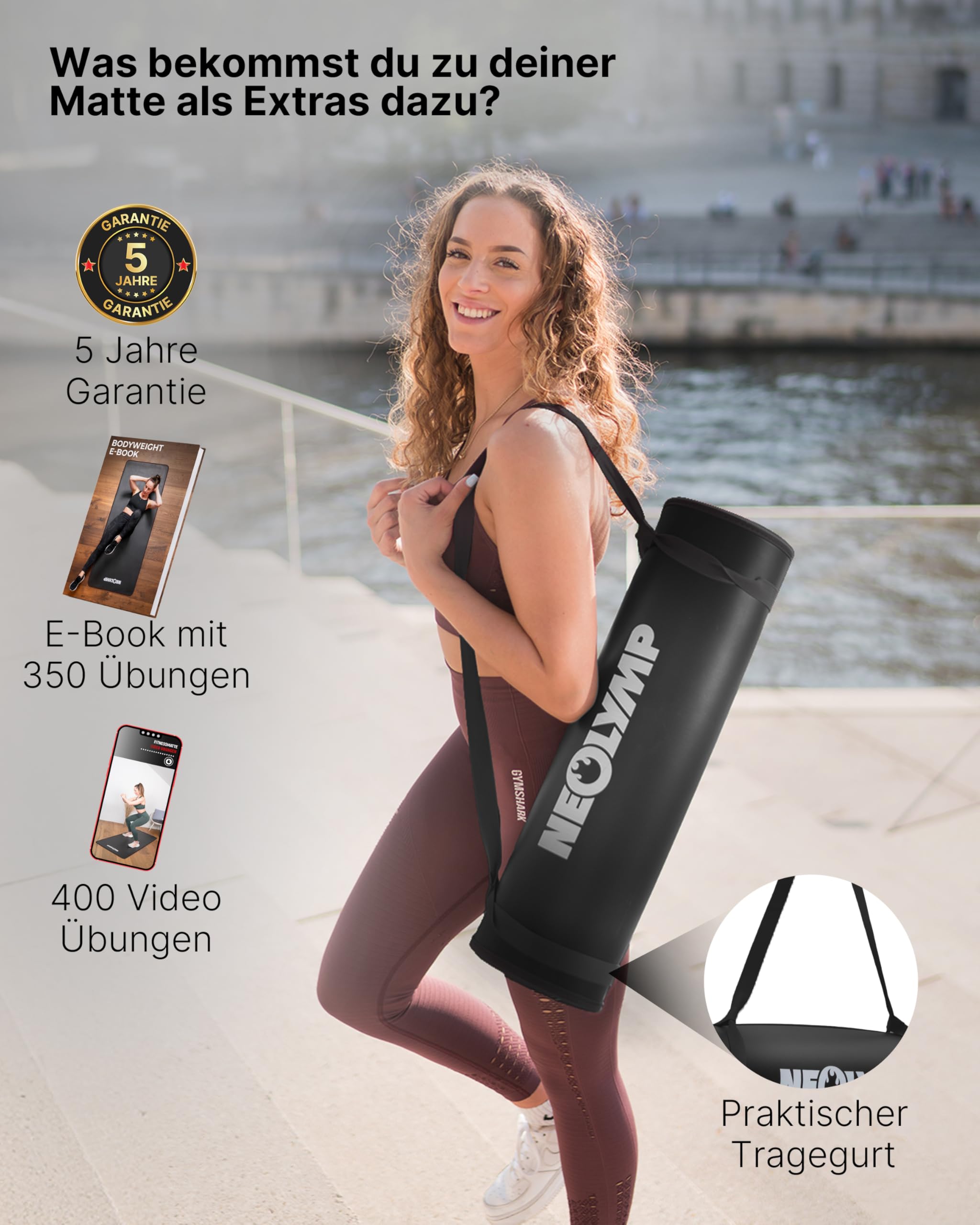 NEOLYMP extra dicke und rutschfeste Fitnessmatte mit Fitness E-Book und Tragegurt - Pilatesmatte, Yoga Matte, Sportmatte, Gymnastikmatte, Trainingsmatte (Anthrazit | 61 cm)