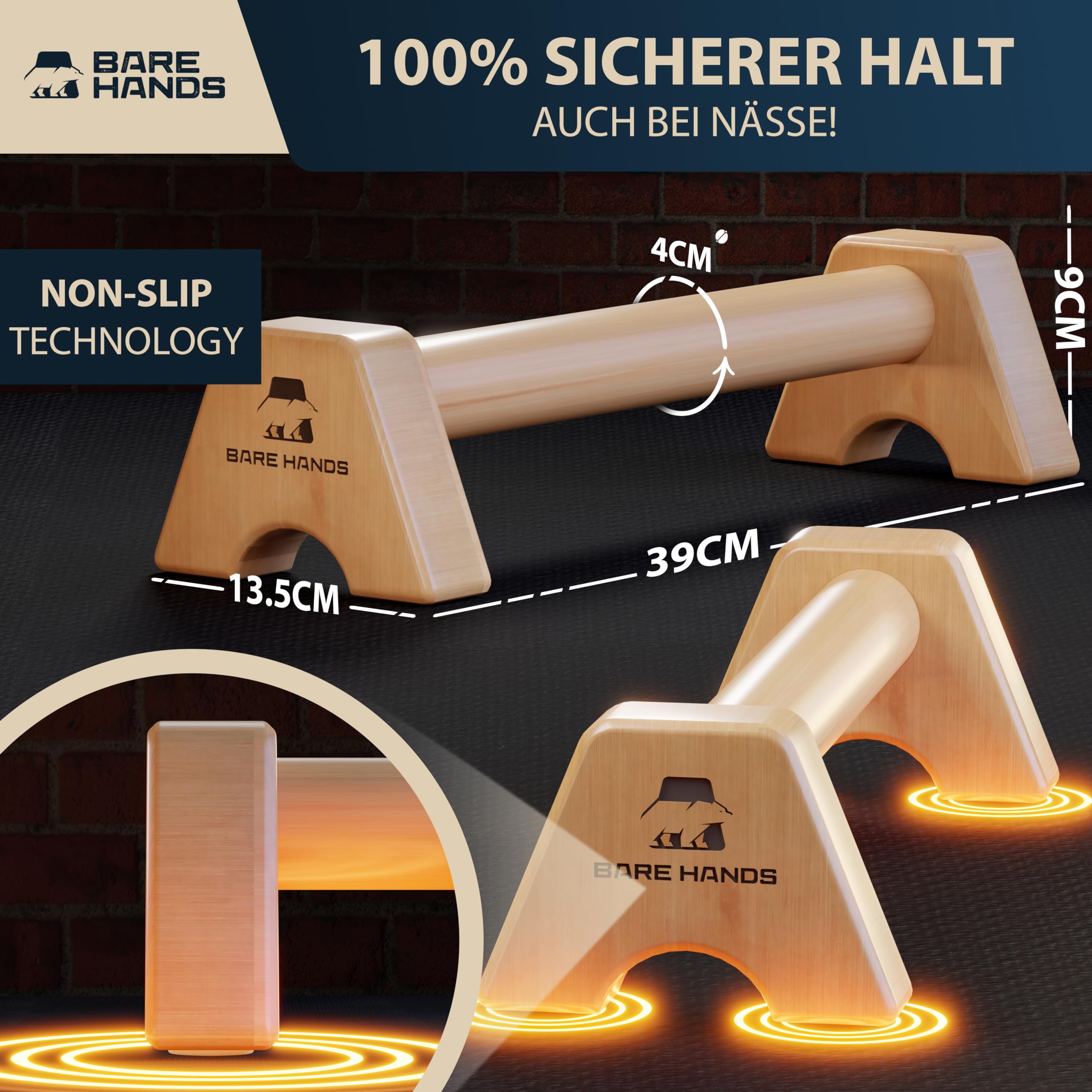 BARE HANDS Liegestzützgriffe – 2x gelenksschonende & rutschfeste Holz Liegestützgriffe | exzellentes Calisthenics Equipment | Indoor & Outdoor | Ideal für Handstand & Liegestütze | extra lang